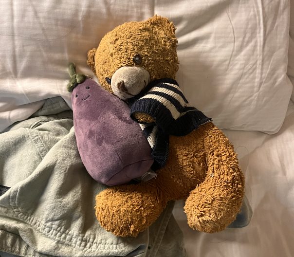 A teddy bear and a plush eggplant on a bed